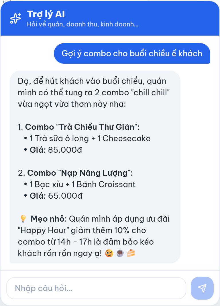 Hộp thoại trợ lý AI của FunCafe đang gợi ý ba combo đồ uống kèm giá cho buổi chiều vắng khách